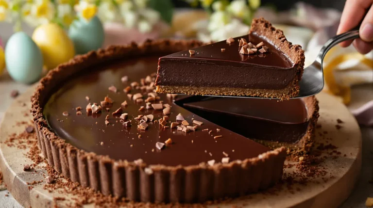 La pâte sablée au cacao fait la différence dans cette tarte au chocolat de Pâques La pâte sablée au cacao fait la différence dans cette tarte au chocolat de Pâques